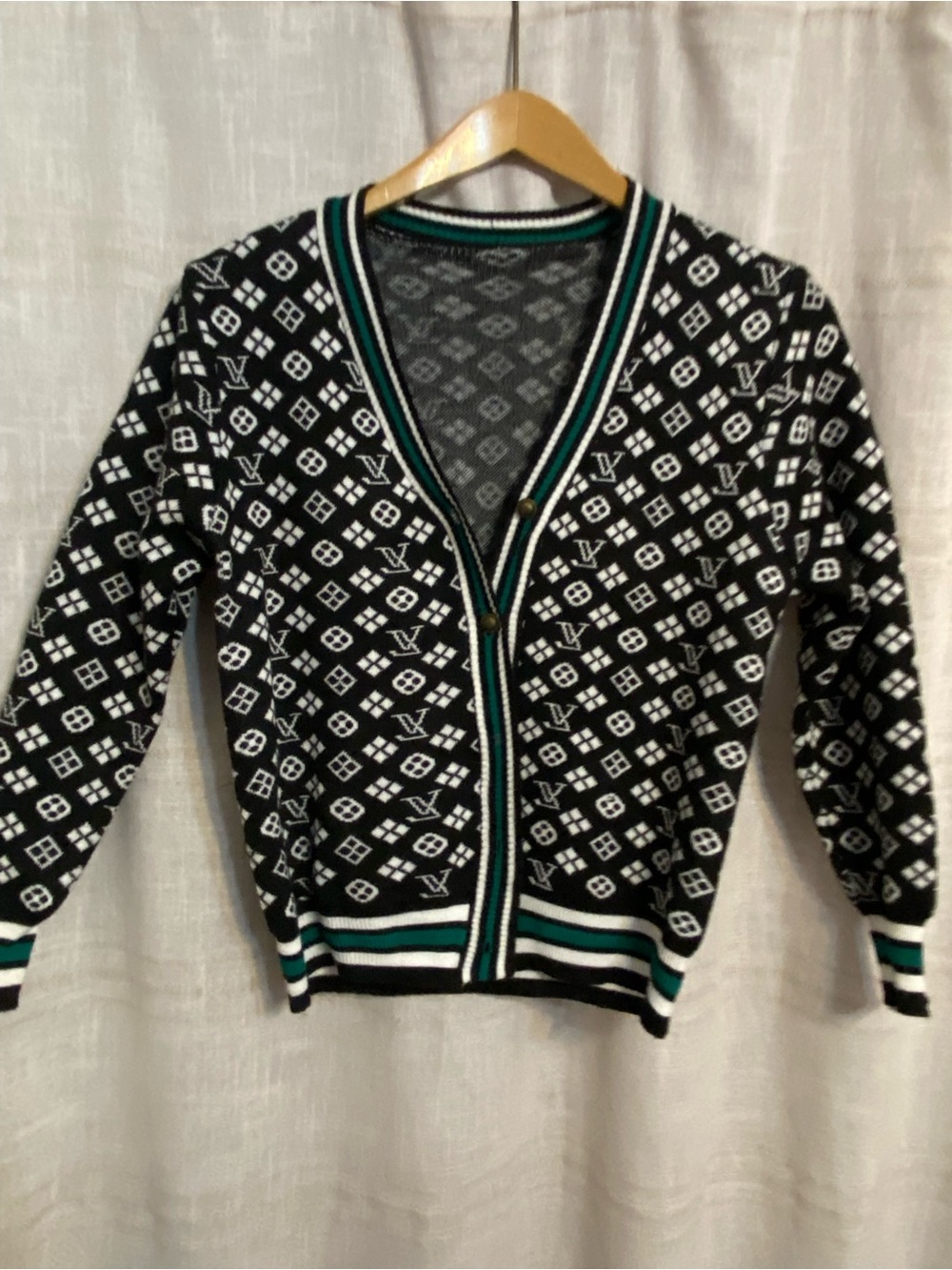 Varsity Stripe Monogram Cardigan Sweater Black Green Crest Buttons